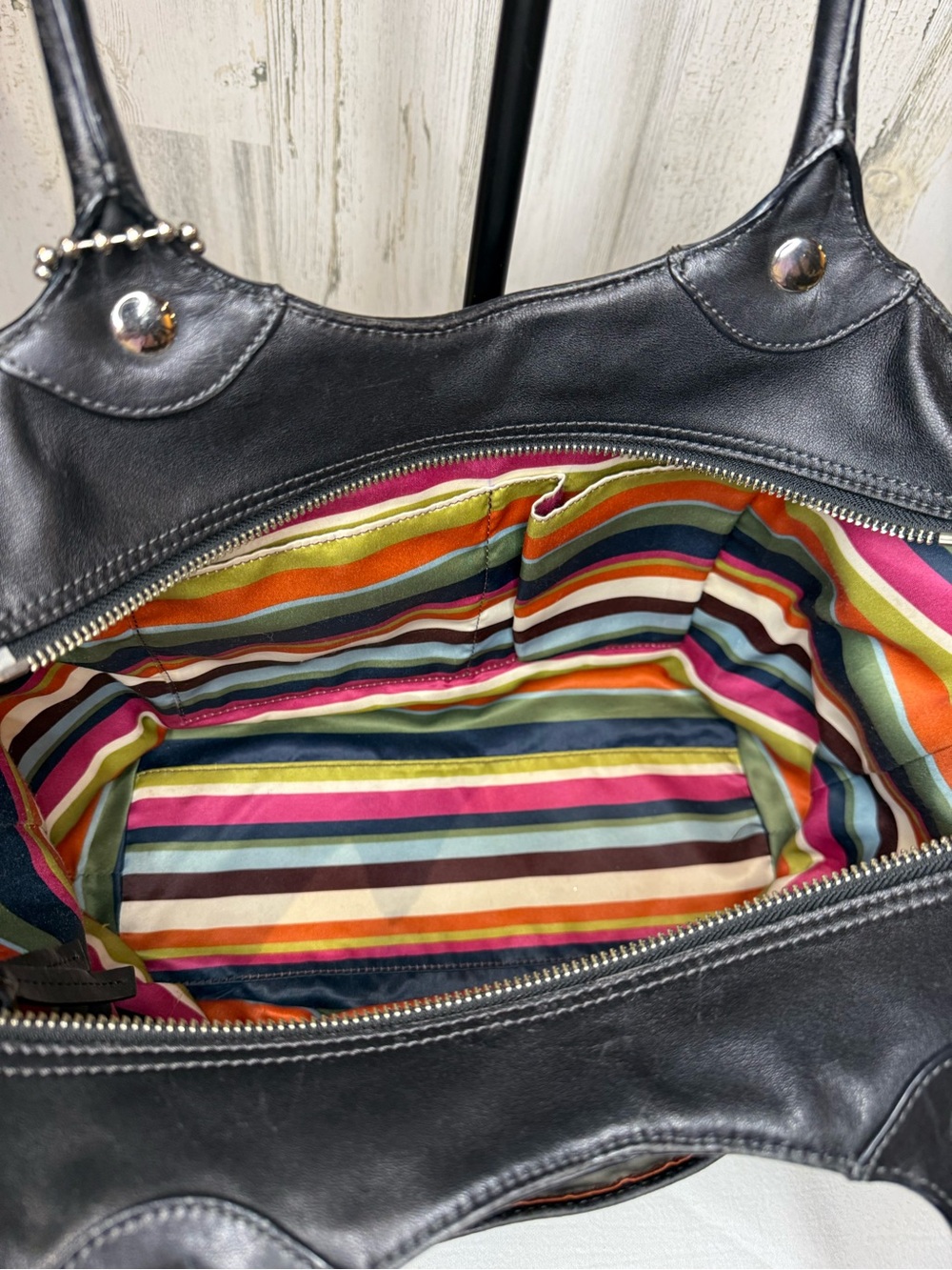 COACH Bleeker Black Leather Shoulder Tote with Legacy Stripe Lining 09’ 14383 - Picture 5 of 9